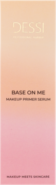 Dessi Base On Me Rozświetlająca baza-serum pod makijaż w prostokątnym opakowaniu peach-róż, front.