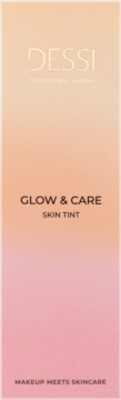 Dessi Glow & Care lekki tint do twarzy, opakowanie w gradiencie beżowo-różowym z napisem „Makeup Meets Skincare”, widok z przodu.