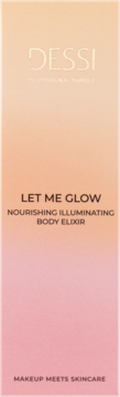 Dessi Let Me Glow rozświetlający eliksir do ciała, pionowe opakowanie z gradientem peach-pink, widok z przodu.
