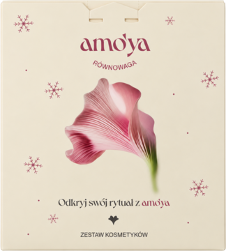 Beżowe pudełko prezentowe amoya ZESTAW KOSMETYKÓW z różowym kwiatem i napisem RÓWNOWAGA, widok z przodu.