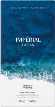 French Avenue Impérial Océan Extrait de Parfum, granatowe pudełko z falistym wzorem oceanu, widok z przodu.
