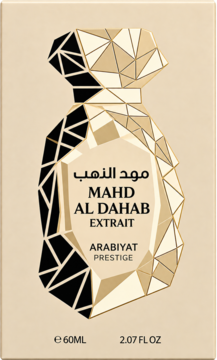 Opakowanie perfum Mahd Al Dhahab Extrait Arabiyat Prestige, beżowe z geometrycznym wzorem czarno-złotej butelki.