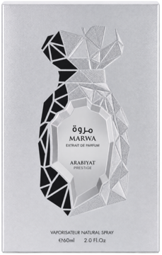 Srebrno-czarne pudełko perfum Marwa Extrait de Parfum, z geometrycznym wzorem butelki, widok z przodu.
