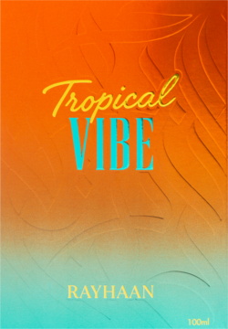 Woda perfumowana Tropical VIBE Rayhaan (unisex) z pomarańczowo-turkusowym gradientem i liściastym wzorem.