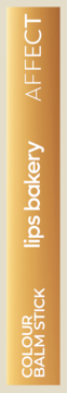 Pionowe, złote opakowanie Lips Bakery Colour Balm Stick z białymi napisami AFFECT, lips bakery.