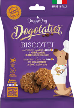 Fioletowa torebka Doggye Bag Dogolatier Biscotti, przysmak dla psów z płatkami owsianymi i Freecoa, widok z przodu.
