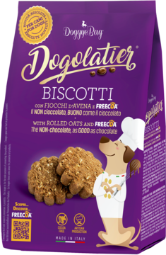 Fioletowa torebka Dogolatier Biscotti dla psów, z płatkami owsianymi i Freecoa, na froncie pies kucharz.