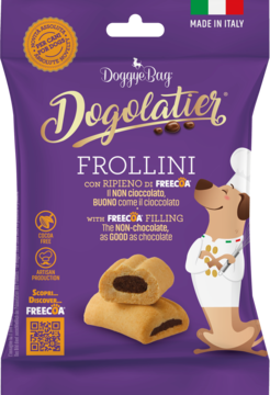 Fioletowa torebka DoggyeBag Dogolatier Frollini, psie ciasteczka z nadzieniem Freecoa, bez czekolady, z psem kucharzem.