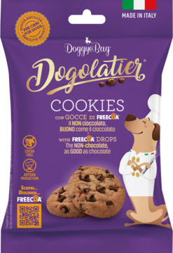 Fioletowe opakowanie Doggye Bag Dogolatier Cookies z nie-czekoladowymi kroplami Freecoa dla psów, widok z przodu.