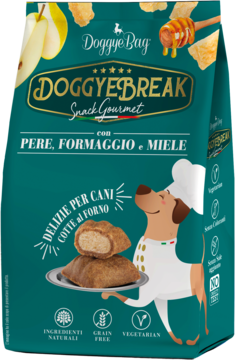 Zielona torba Doggyebreak Snack Gourmet, pieczone przysmaki dla psów z gruszkami, serem i miodem. Widok z przodu.