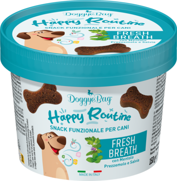 Biały słoik Doggie Day Happy Routine Fresh Breath, karma dla psów na świeży oddech, brązowe smakołyki, widok z przodu.