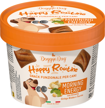 Doggye Bay Happy Routine Morning Energy, smakołyk dla psa, biały kubełek z pomarańczową pokrywką, widok z przodu.
