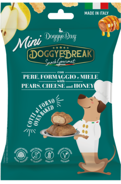 Front zielonej torebki Doggybreak Mini, przysmaki dla psów z gruszkami, serem i miodem, z psem-kucharzem.