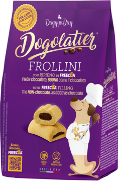 Fioletowa torebka DoggyBag Dogolatier Frollini z ciasteczkami FREECOA, widok z przodu. Pies szef kuchni.