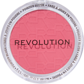 Róż w pudrze Revolution Blusher Reloaded Pink Lady, okrągły, matowy róż, z wytłoczonym logo, widok z góry.