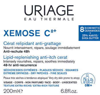 Balsam lipidowy Uriage Xemose C8+ przeciw świądowi, z 25% masłem Shea, biała etykieta, widok z przodu.