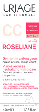 URIAGE Roseliane CC SPF 50+, biała tuba, widok z przodu, z witaminą E i ceramidami, redukuje zaczerwienienia.