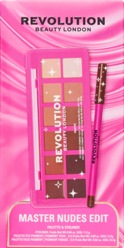 Zestaw Revolution Master Nudes Edit: różowa paleta cieni nude i brązowy eyeliner kohl, widok z przodu.