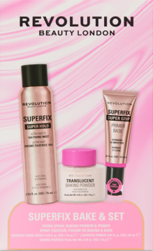 Zestaw Revolution Superfix Bake & Set: różowy spray utrwalający, puder transparentny i primer na różowym tle.
