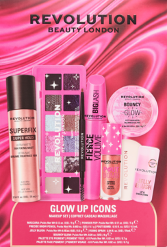 Zestaw Revolution Beauty London Glow Up Icons: paleta cieni, mascara, spray, rozświetlacz i błyszczyk, na różowym tle.
