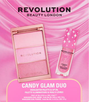 Zestaw Revolution Candy Glam Duo: różowa paleta rozświetlaczy i olejek do ust z gwiazdkami, na różowym tle.