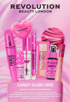 Revolution Candy Glam Look: różowy zestaw do makijażu z tuszem, tintem, olejkiem, sprayem i akcesoriami na tle ombre.