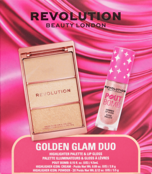 Revolution Golden Glam Duo: rose gold highlighter palette (3 shades) & pink Pout Bomb lip gloss on bright pink background.