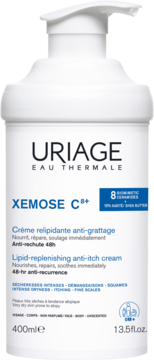 Uriage Xemose C8+ lipid-replenishing anti-itch cream 400ml, biała butelka z pompką, widok z przodu.