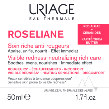URIAGE ROSELIANE, bogaty krem 50ml na widoczne zaczerwienienia, biała etykieta z różowymi akcentami.