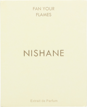 Beżowe pudełko perfum Nishane Fan Your Flames Extrait de Parfum, widok z przodu, złote napisy.