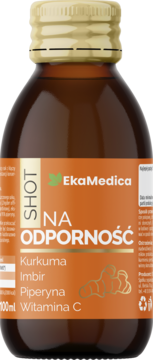 EkaMedica SHOT NA ODPORNOŚĆ, brązowa butelka ze złotą zakrętką i pomarańczową etykietą, kurkuma, imbir, witamina C.