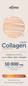 Efime Liquid Collagen 10 000 mg z witaminą C, opakowanie o smaku marakuja-pomarańcza, na beżowym tle.