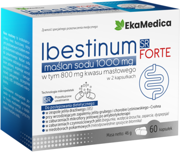 Biało-niebieskie pudełko Ibestinum SR FORTE EkaMedica, maślan sodu 1000mg dla jelit, 60 kapsułek, widok z przodu.