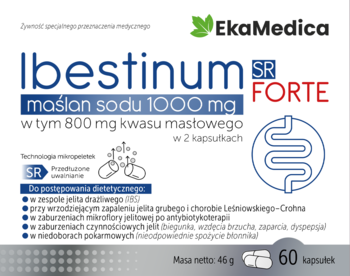 Białe opakowanie Ibestinum SR FORTE EkaMedica, maślan sodu 1000 mg na problemy jelitowe, widok z przodu.