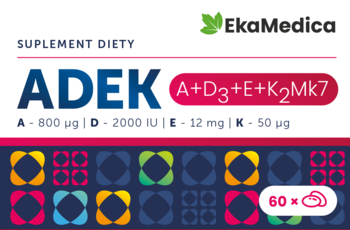 Białe opakowanie suplementu EkaMedica ADEK A+D+E+K2Mk7 z barwnym deseniem, widok z przodu, 60 porcji.