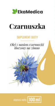 EkaMedica Czarnuszka suplement diety, olej z nasion 100ml, biała etykieta z kwiatem i kroplą.