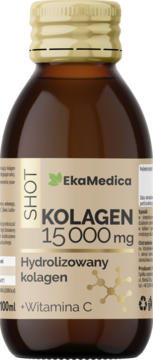 EkaMedica SHOT KOLAGEN 15 000 mg, brązowa butelka ze złotą nakrętką, hydrolizowany kolagen i witamina C.