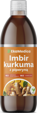 Płynny suplement EkaMedica Imbir Kurkuma z piperyną, brązowa butelka, etykieta z imbirem i kurkumą, z przodu.