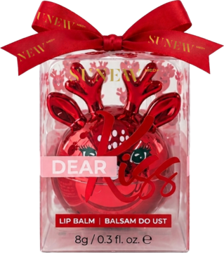 Świąteczny balsam do ust Dear Kiss SUNEW w kształcie czerwonego renifera, w przezroczystym pudełku z czerwoną wstążką.