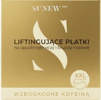 SunewMed+ Liftingujące płatki na opuchnięte oczy z kofeiną. Złote pudełko XXL z dużą literą S, widok z przodu.