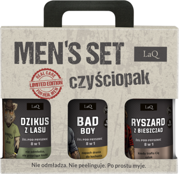 LaQ 'MEN'S SET czyściopak' w czarnym opakowaniu-walizce. Zawiera 3 żele: Dzikus, Bad Boy, Ryszard.