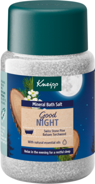 Kneipp Kryształki do kąpieli Good Night, z pinią i amyrisem, w przeźroczystym słoiku z nocną etykietą. Relaks na spokojny sen.