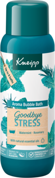 Kneipp Aroma Bubble Bath Goodbye Stress, tealowa butelka z miętą i rozmarynem, widok z przodu.