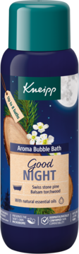Kneipp Good Night Aroma Bubble Bath szwajcarska sosna i amyris, ciemnoniebieska butelka, widok z przodu.