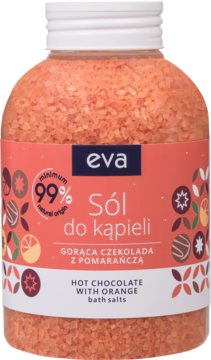 Eva Hot Chocolate with Orange bath salts in a clear cylindrical bottle, orange granules visible, front label view.
