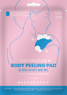 Madforcos Deep Moisture Body Peeling Pad, różowa saszetka z grafiką kobiety, widok z przodu. Złuszcza i nawilża.