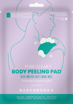 MADFORCOS Pore Clear Body Peeling Pad, fioletowa saszetka z rysunkiem kobiety i pianą, do złuszczania i kontroli sebum.