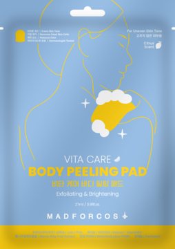 Madforcos Vita Care Body Peeling Pad, jasnoniebieska saszetka z grafiką dłoni używającej żółtej rękawicy złuszczającej.