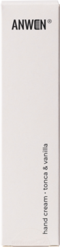 Front of Anwen hand cream box, white, with 'tonca & vanilla' text, vertically oriented.