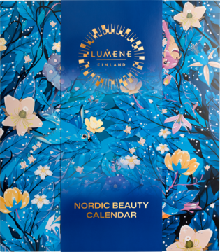 Lumene Nordic Beauty Calendar, elegancki kalendarz adwentowy w granacie z wzorem nordyckiej flory, widok z przodu.